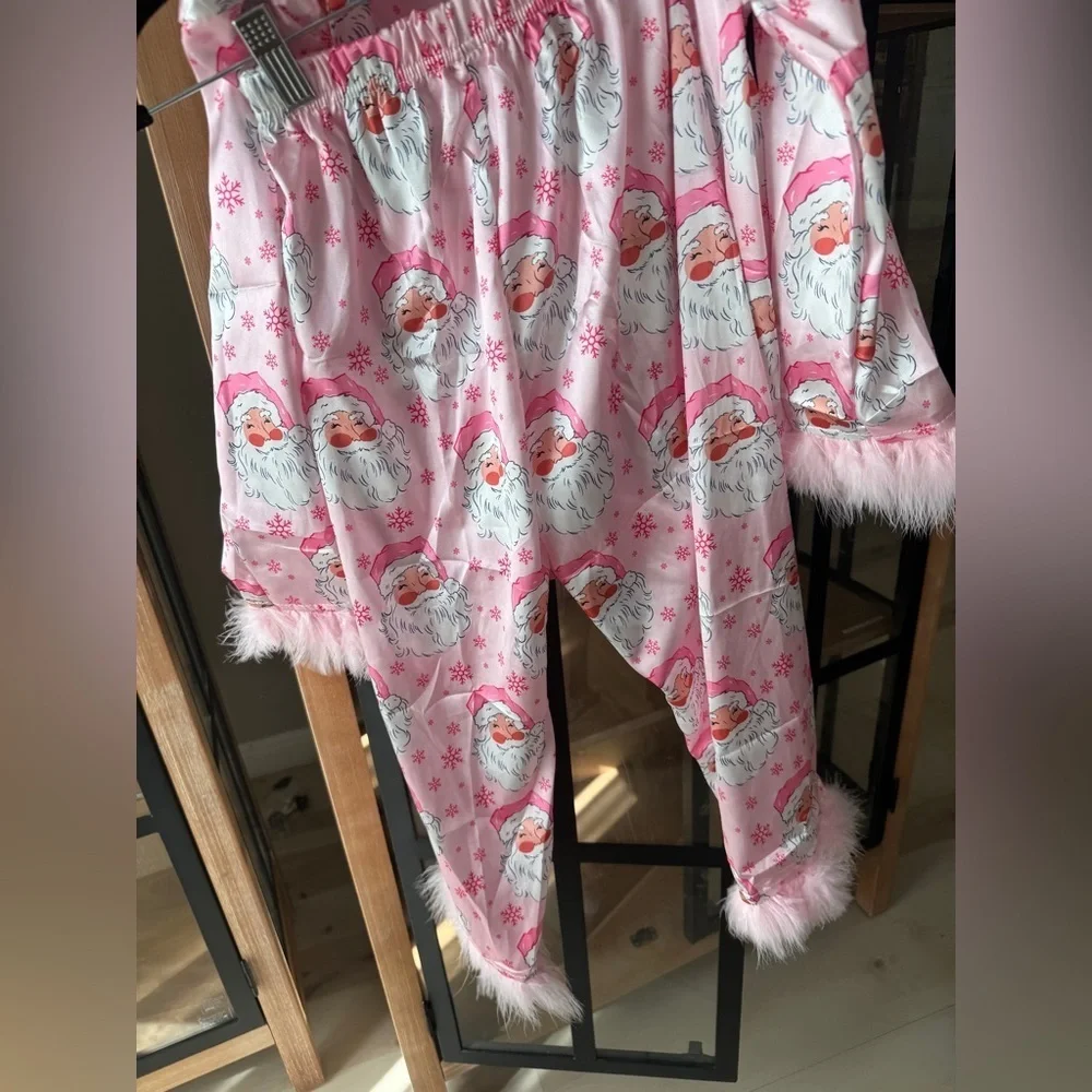 Santa pajamas set feather trim silky satin long sleeve button down christmas top